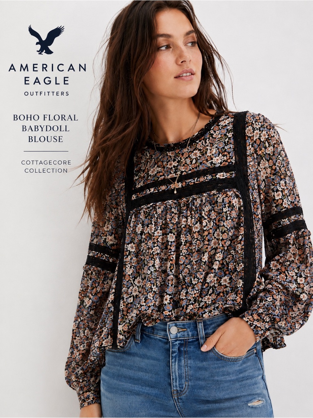 American Eagle Floral Babydoll Blouse Medium Black Lace Cottagecore Boho Top W